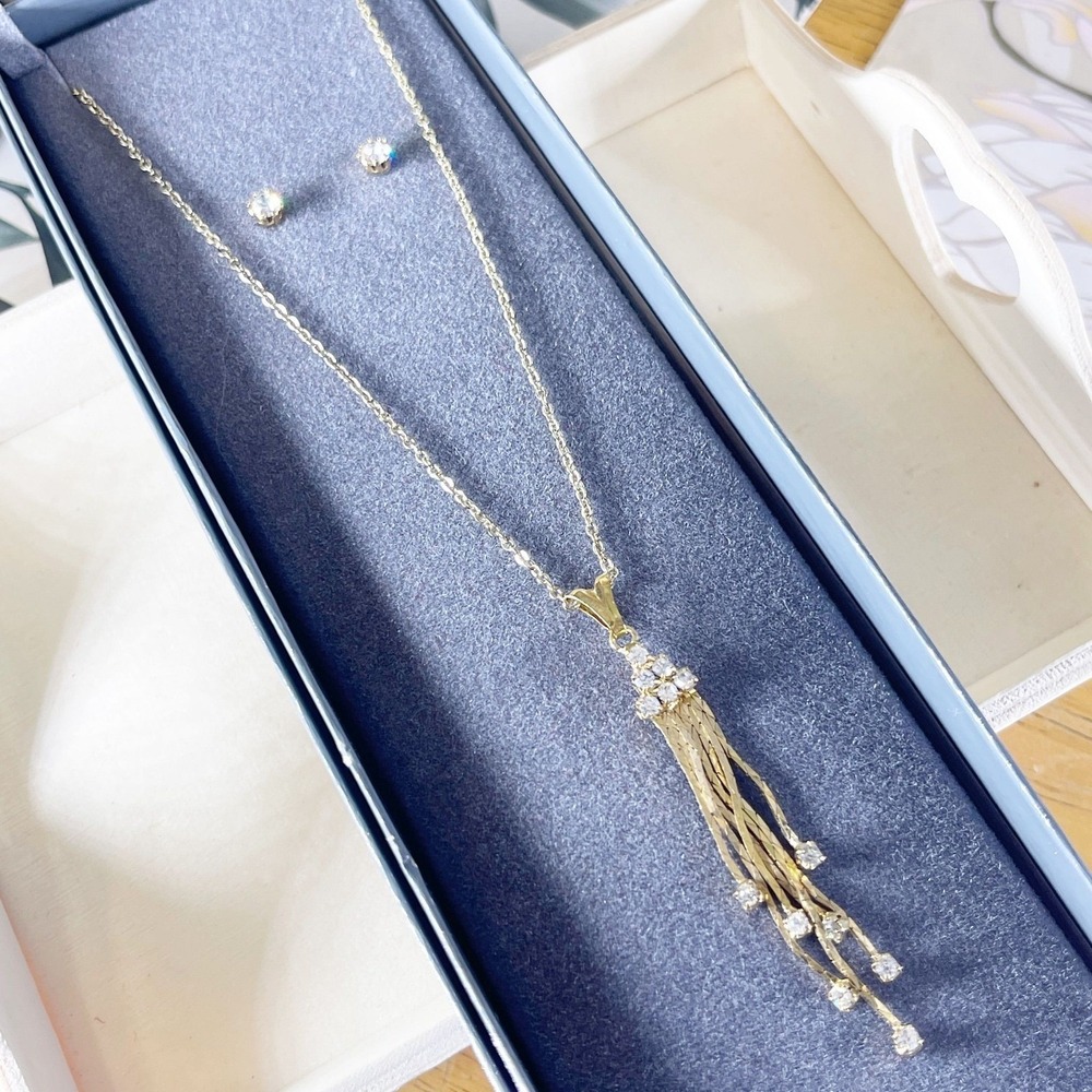 Bellissima Choice Gold Plated Crystal Tassel Necklace & Stud Earring Jewelry Set